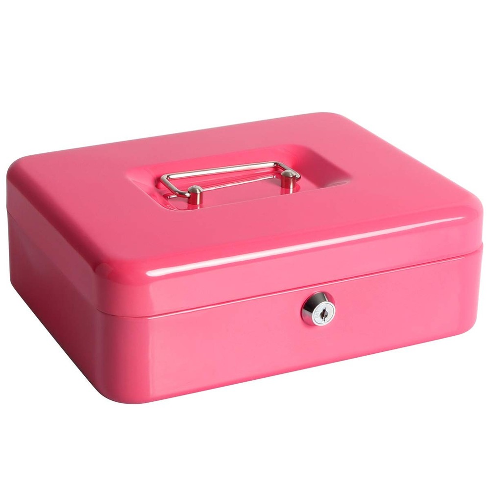 Large Cash Box, Money Tray, Key Lock, 9.8 x 7.9 x 3.5 inches, Pink, Metal