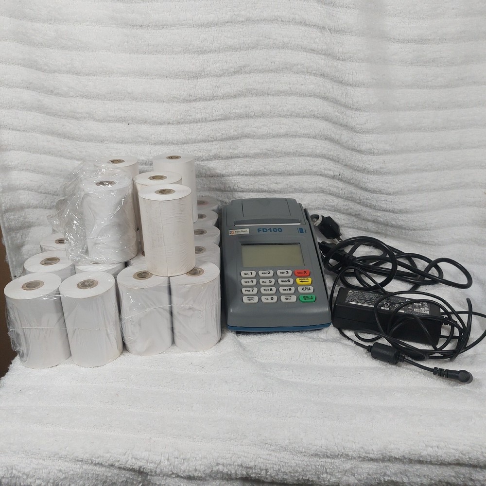 First Data FD-100 Credit Card Machine Terminal Reader & 25 Thermal Paper Rolls