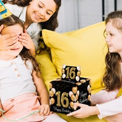 16th Happy Birthday Black Gold Money Box Cash Pull Out Card 50 Bags Gifts