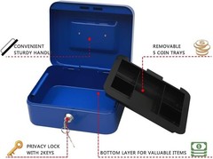 Cash Box with Lock, Metal Storage Safe with Key, 7.87×6.30×3.54 inch Blue Medium