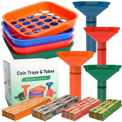 Coin Sorter Tray & Tube Set – 4 Color Coded Coin Separators + 100 Assorted Wrapp