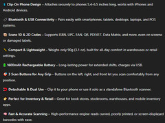 Bluetooth Back Clip Barcode Scanner, 1D/2D QR Code Reader for iPhone/Android.