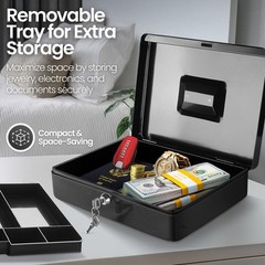 Cash Box with Money Tray, 2 Keys, Security Lock Box w/ Removable 9 Compartment