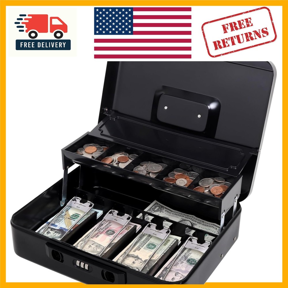 Stylish 11.8&Prime; x 9.5&Prime; Black Cash Box with Sliding Lid – Scratch Resistant Design