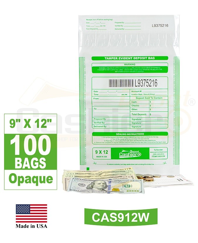 Tamper Evident Deposit Bags, 9&Prime; x 12&Prime; White(Opaque), Serialized w/Barcode, 100Ct