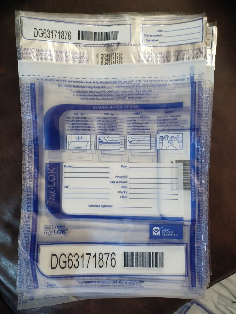 Lot Of 50 Triplok Tamper Evident Cash Deposit Bags. Vault Process Certified.