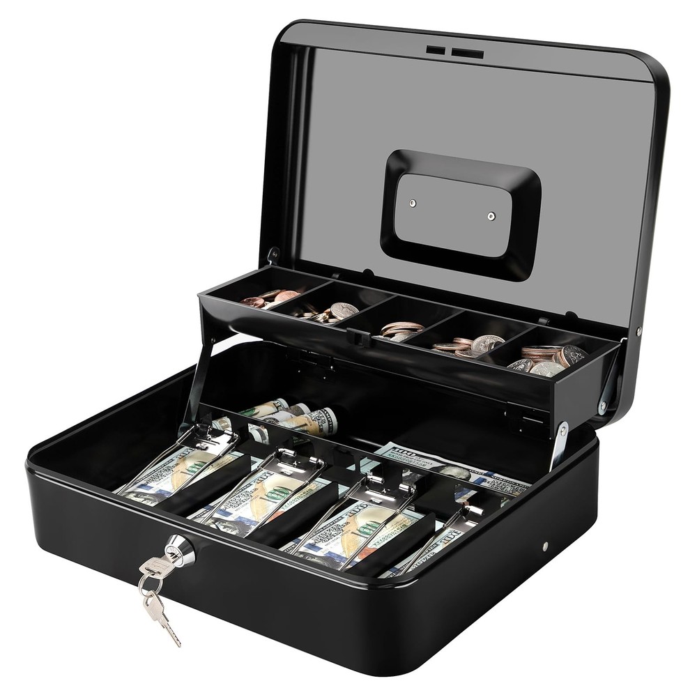 Large Cash Box with Money Tray and Lock – Safe Box for Cash Saving Key Lock M…