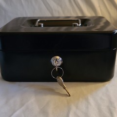 Black Metal Locking Cash Box w/ Key Lock, Carry Handle & Removable Coin Tray