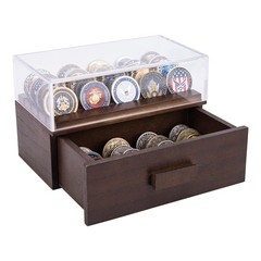 Wooden Display Case with Clear Cover – Medium Coin Medium, 36 Coins, Brown