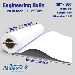 Alliance Wide Format Paper CAD Bond Rolls (20Lb | 2 Rolls, 36 in X 300 Ft | 2&Prime; C