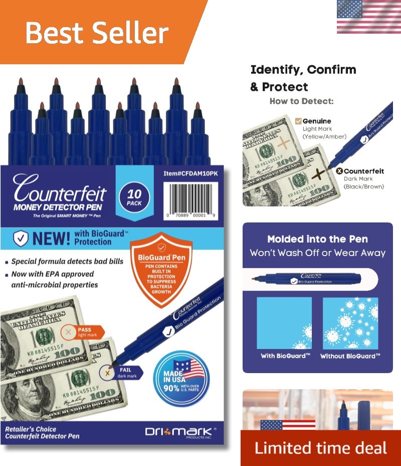 10 Pack Counterfeit Bill Detector Marker Pen with Bioguard, Made in The , Poc…