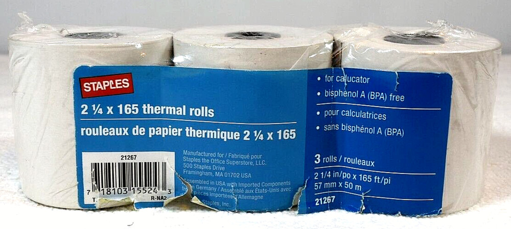 Thermal Rolls for Calculator NEW SEALED #21267, STAPLES 2.25&Prime; x 165&prime; Set of 3
