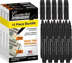 15 Pack Counterfeit Bill Detector Marker Pen, Made In The USA, 3 Times More Ink,