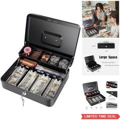Cash Box with Money Tray and Key Lock 11.8×9.45×3.54 Inch Black Large Lock Box