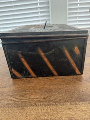 Vintage American Steel Cash Box Black Orange Stripe Industrial Read Description
