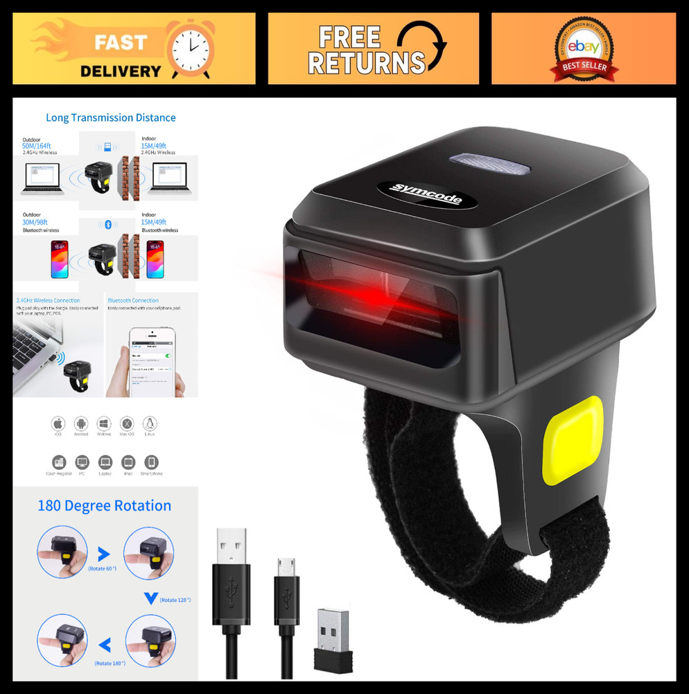 Portable Bluetooth Barcode Scanner – 3-in-1 Wireless & USB, Mini Finger Design f