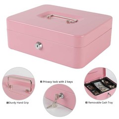Pink Large Locking Steel Cash Box Removable Coin Tray Key Lock 9.84×7.87×3.54