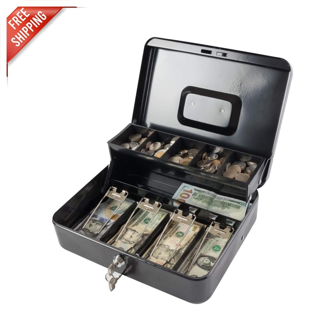 Durable Black Locking Cash Box with Key and Compartment Tray – 11.81” x 9.45”