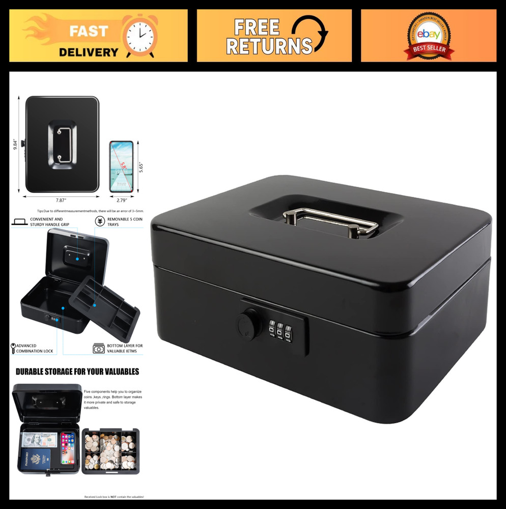 Large Cash Box with Combination Lock – Metal Money Safe with Tray, 9.84&Prime;x7.87