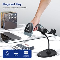 Handheld 2D Barcode Scanner with Gooseneck Stand, Automatic USB Wired QR Code Sc