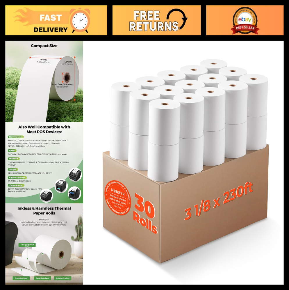 30 Rolls Thermal Receipt Paper 3 1/8&Prime; x 230ft for POS Printers BPA Free, Compati