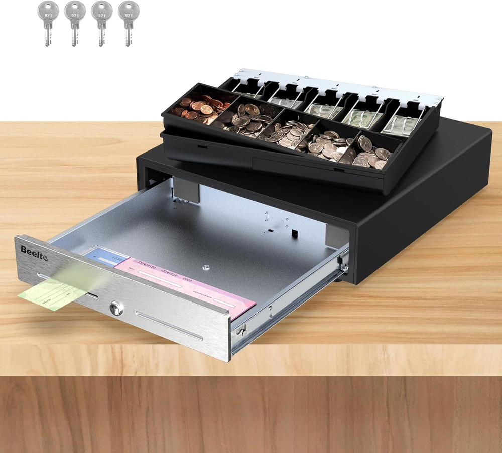 16&Prime; Cash Drawer Stainless Steel Front Removable Tray Electronic Register Box