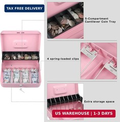 xydled Cash Box with Money Tray and Key Lock,Tiered, Cantilever Design,4 Bill /