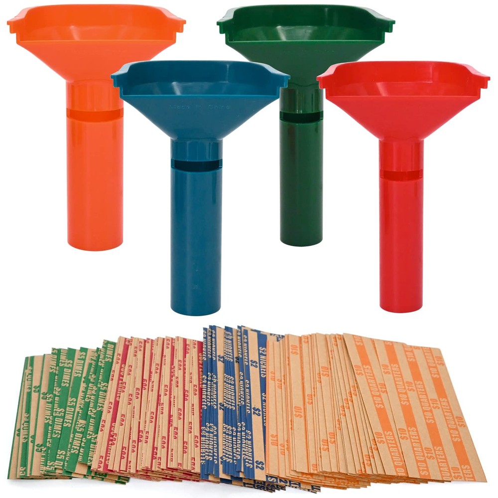 150 Coin Wrappers & 4 Sorter Tubes – Color-Coded, Easy Load