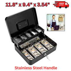 Locking Cash Box with Key & Money Tray – Large Metal Safe for Cash & Coins 11.8&Prime;