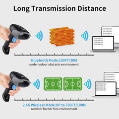 Wireless Barcode Scanner 1D QR Handheld Laser Reader – Bluetooth, 2.4G & USB Com