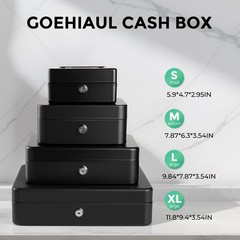 Small Cash Box with Money Tray and Lock, Metal Small, Black – Key Lock