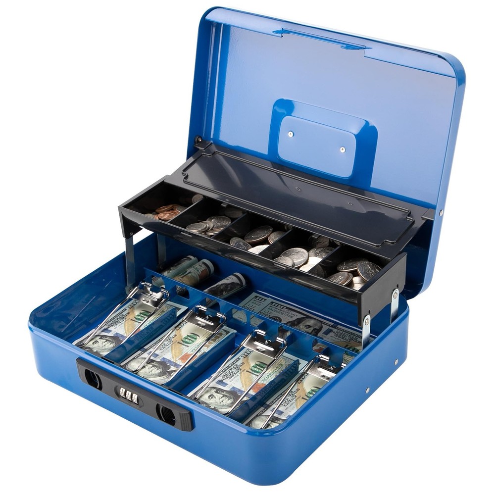 Blue Cash Box With Money Tray Combination Lock 11.8×9.5×3.5 Inch Safe New