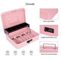 Pink Large Metal Cash Box Money Tray Combination Lock 11.8×9.45×3.54 Inch
