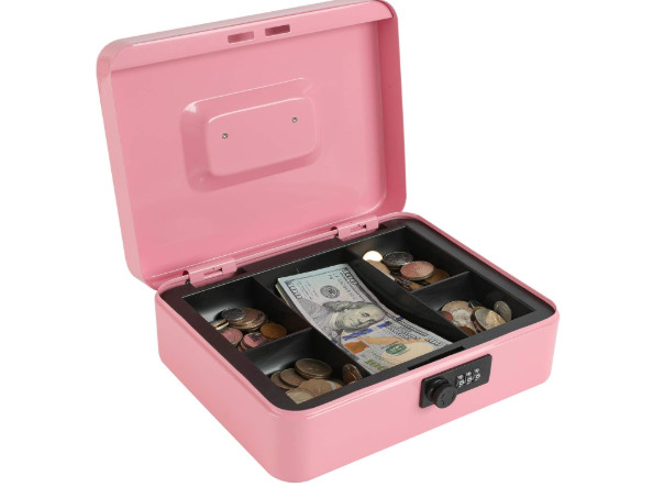 Steel Cash Box Safe w/ Combination Lock Coin Tray Large Pink Money Box