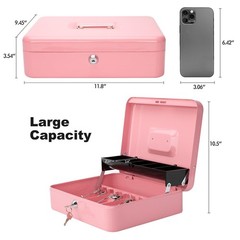 Pink XLarge Metal Cash Box Money Tray Key Lock Safe Organizer 11.8×9.5×3.5&Prime;