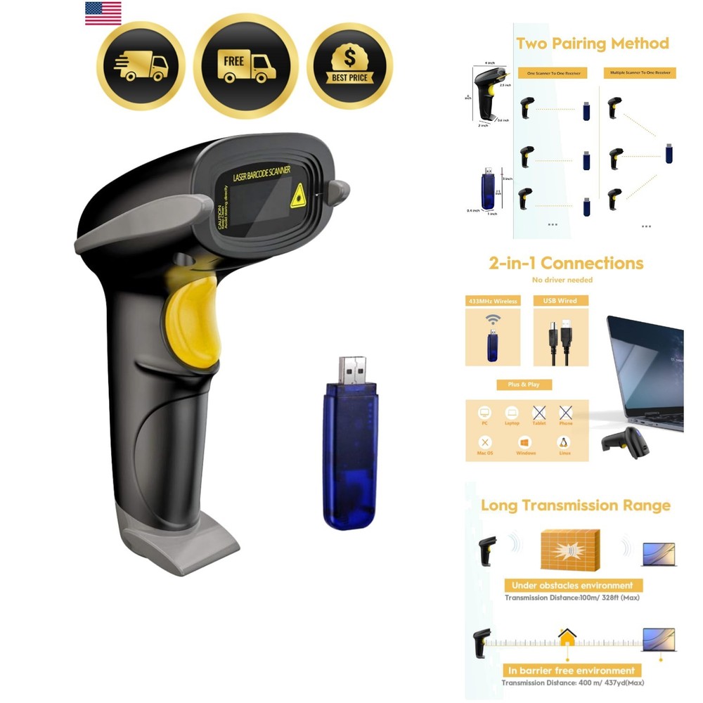 Wireless Barcode Scanner 328 Feet Transmission Distance USB Cordless 1D Laser…