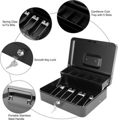 Large Metal Cash Box with Lock Key Money Tray 11.8&Prime;x9.4&Prime; Black
