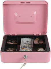 Portable Pink Cash Box with Key Lock & Coin Organization
