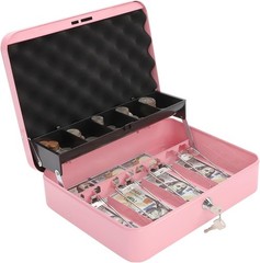 Cash Box with Key Lock & Foam Auto-Pop Coin Tray – Secure Steel Money Box wit…
