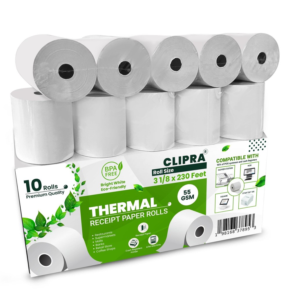 3 1/8 x 230 Thermal Paper Receipt Rolls 10 PACK 55 GSM BPA Free Compatible POS