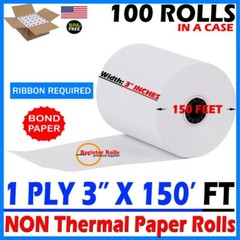 Bond Paper Rolls 3&Prime; x 150&prime; single ply Case of 50 rolls Brand New Register Rolls