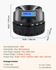 VEVOR USD Coin Sorter Coin Counter Wrapper and Roller 300 Coins/min LCD Display