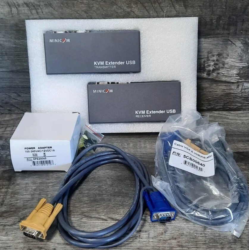 Minicom KVM Extender Complete Kit w/transmitter, Receiver, USB Cables, 12V, Etc