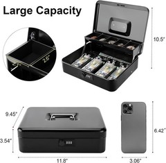 Large Locking Metal Cash Box with Combination Lock and Money Tray for Security