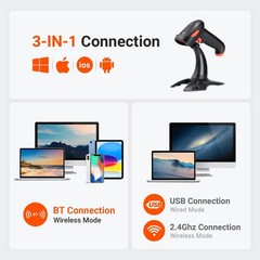 Barcode Scanner Wireless 1D 2D QR with Stand: Battery Level Indicator 3 in 1 Wor