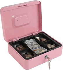 Portable Pink Cash Box with Key Lock & Coin Organization