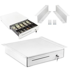 Cash Register Drawer with Under Counter Mounting Metal Bracket – 16” White Cash