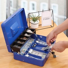 Blue Metal Cash Box Key Lock Money Tray 4 Bill 5 Coin 11.8×9.5×3.5 Inch Safe