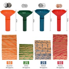 Coin Roll Wrappers, 150 Assorted, 4 Sorting Tubes, Striped, Multicolor