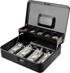 Large Locking Metal Cash Box with Combination Lock and Money Tray for Security